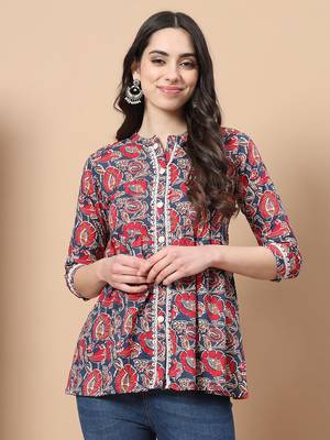  red cotton floral print peplum top with lace detailing 1