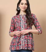  red cotton floral print peplum top with lace detailing