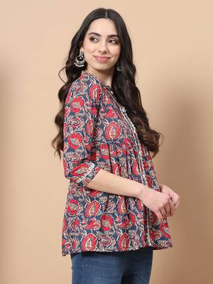  red cotton floral print peplum top with lace detailing 2