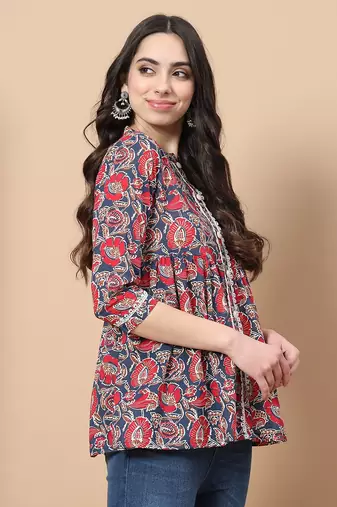  red cotton floral print peplum top with lace detailing