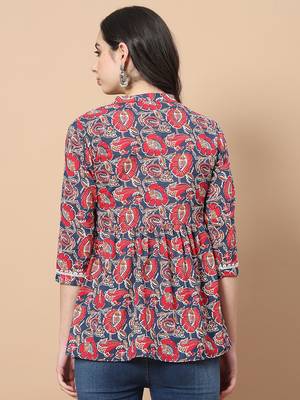  red cotton floral print peplum top with lace detailing 3