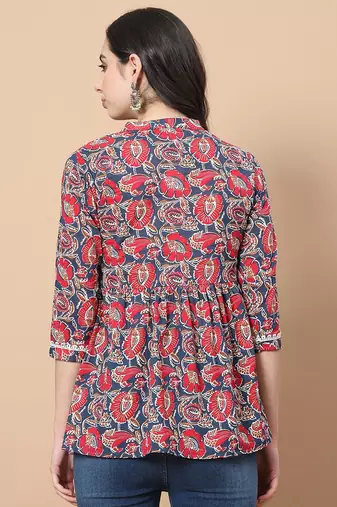  red cotton floral print peplum top with lace detailing