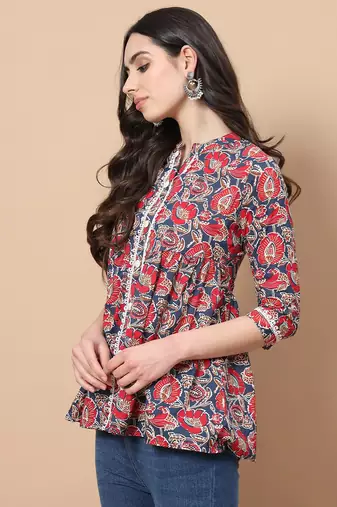  red cotton floral print peplum top with lace detailing