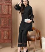  black solid silk front button co-ord set with lace detailing