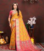 Womens New Latest Bandhani Woven Design Patola Silk Yellow Color With Unstitched Contrast Blouse | Sarees For Womens
