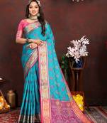 Womens New Latest Bandhani Woven Design Patola Silk Sky Blue Color With Unstitched Contrast Blouse | Sarees For Womens