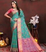 Womens New Latest Bandhani Woven Design Patola Silk Rama Color With Unstitched Contrast Blouse | Sarees For Womens