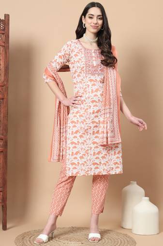  orange floral,sequins work straight kurta trouser and dupatta set