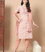  orange floral,sequins work straight kurta trouser and dupatta set