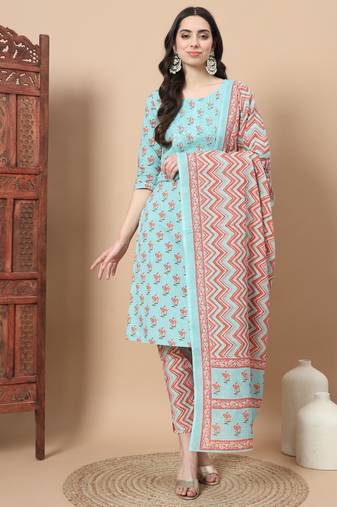  blue floral,sequins work straight kurta trouser and dupatta set