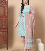  blue floral,sequins work straight kurta trouser and dupatta set