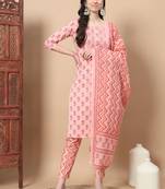  pink floral,sequins work straight kurta trouser and dupatta set