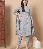  grey floral,thread work straight kurta trouser and dupatta set