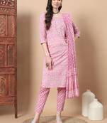  pink floral,thread work straight kurta trouser and dupatta set