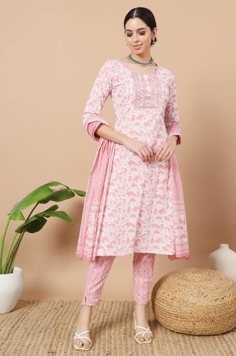 Yufta pink floral print sequins work straight kurta trouser and dupatta set