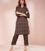  black ethnic motifs mandarin collar straight kurta trouser set