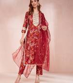 maroon floral print sequins work straight kurta trouser and dupatta set