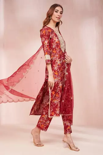  maroon floral print sequins work straight kurta trouser and dupatta set