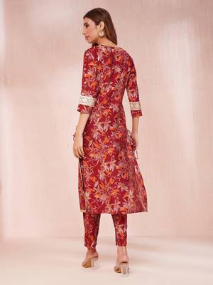  maroon floral print sequins work straight kurta trouser and dupatta set 3