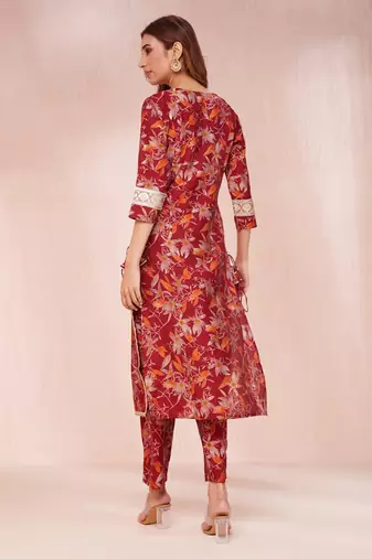  maroon floral print sequins work straight kurta trouser and dupatta set
