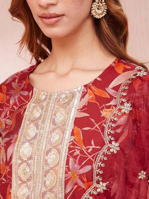  maroon floral print sequins work straight kurta trouser and dupatta set 4