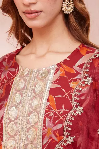  maroon floral print sequins work straight kurta trouser and dupatta set