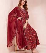  maroon floral print zari work anarkali kurta trouser and dupatta set
