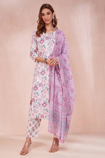  purple and white floral print v-neck straight kurta trouser dupatta set