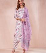  purple and white floral print v-neck straight kurta trouser dupatta set