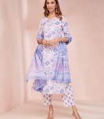 violet and white floral print v-neck straight kurta trouser dupatta set