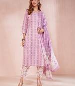  purple and white chevron v-neck straight kurta trouser dupatta set