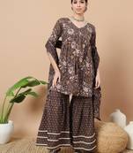  grey floral print straight alia-cut kurta sharara and dupatta set