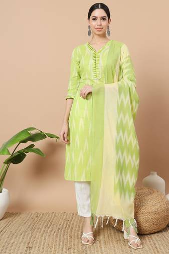  green cotton ikat kurta dupatta set