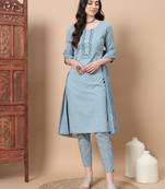  blue ethnic motifs,thread work straight kurta trouser and dupatta set