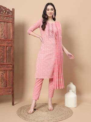 pink ethnic motifs,thread work straight kurta trouser and dupatta set 1
