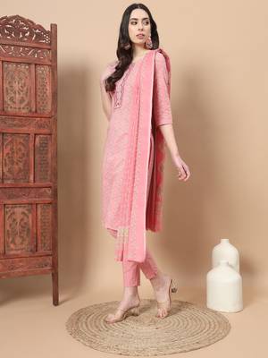  pink ethnic motifs,thread work straight kurta trouser and dupatta set 2