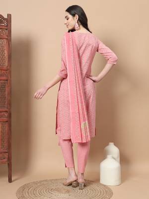  pink ethnic motifs,thread work straight kurta trouser and dupatta set 3