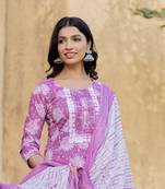  purple floral print straight kurta trouser and dupatta set