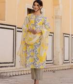  yellow floral print straight kurta trouser and dupatta set