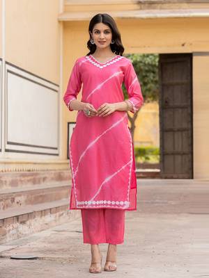  pink tie dye lace-work yoke and boder straight kurta and trouser set 1