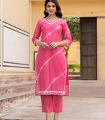  pink tie dye lace-work yoke and boder straight kurta and trouser set