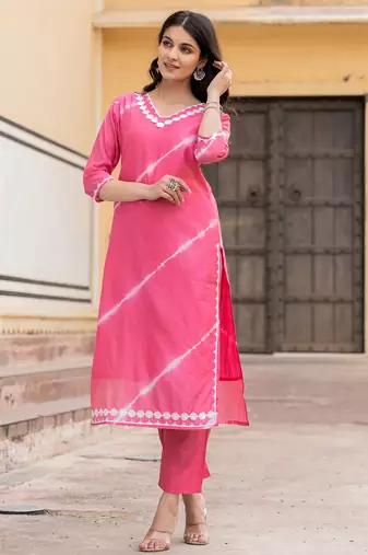  pink tie dye lace-work yoke and boder straight kurta and trouser set