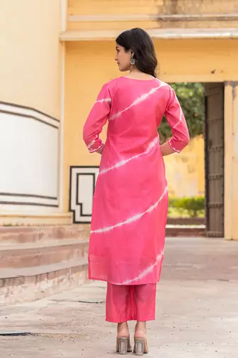  pink tie dye lace-work yoke and boder straight kurta and trouser set