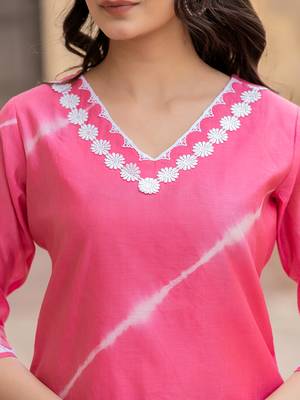  pink tie dye lace-work yoke and boder straight kurta and trouser set 4