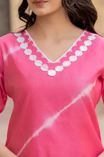  pink tie dye lace-work yoke and boder straight kurta and trouser set