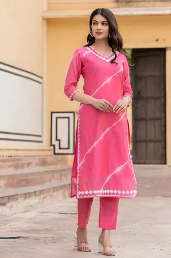  pink tie dye lace-work yoke and boder straight kurta and trouser set