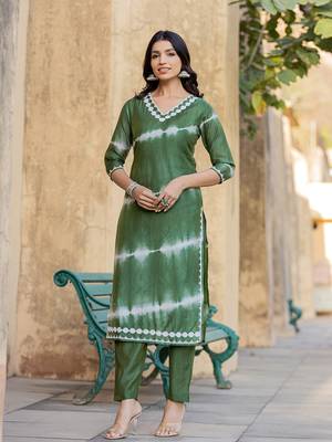  green tie dye lace-work yoke and boder straight kurta and trouser set 1