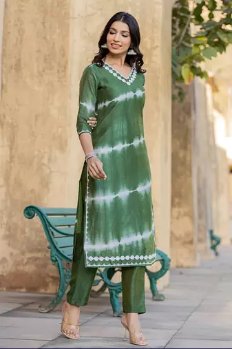  green tie dye lace-work yoke and boder straight kurta and trouser set