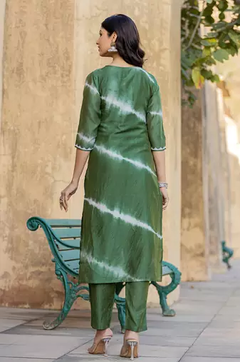  green tie dye lace-work yoke and boder straight kurta and trouser set