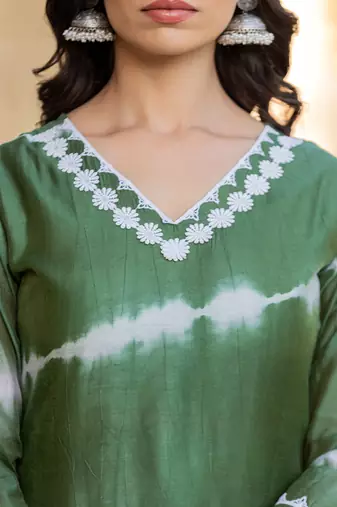  green tie dye lace-work yoke and boder straight kurta and trouser set